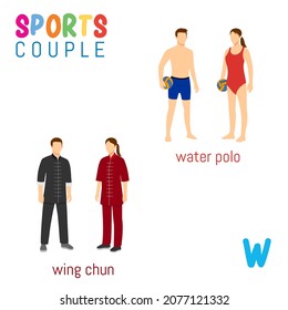 Sports Couple alphabet in vector with W letter. illustration cartoon sports. Alphabet design in a colorful style.