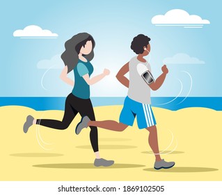 Sports couple running along seaside. Two people jogging hard vector illustration.