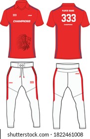 Sports Cricket t-shirt jersey and bottom trouser design template, mock up uniform kit with front and back view 