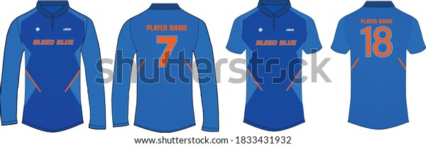Sports Cricket t-shirt jersey design\
template, mock up uniform kit with front and back\
view