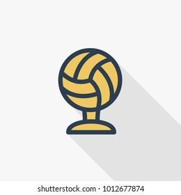 Sports cup, golden volleyball ball thin line flat color icon. Linear vector illustration. Pictogram isolated on white background. Colorful long shadow design.