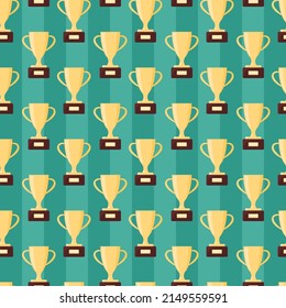 Patrón sin fisuras de las tazas deportivas. Premios a los ganadores en el campo de fútbol. Ilustración de repetición vectorial con copa trofeo de oro.