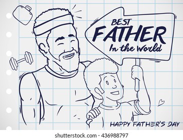 Sports dad in gym and son with sign pointing his great dad with greeting sign for Father's Day celebration.
