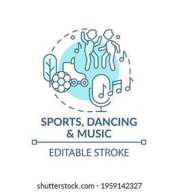 Sports, dancing and music blue concept icon. Recreational activity, improve creative thinking. Problem solving idea thin line illustration. Vector isolated outline RGB color drawing. Editable stroke