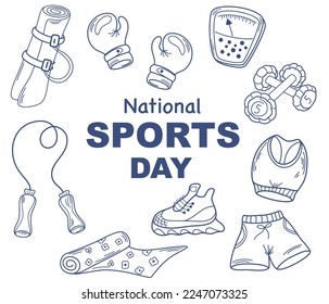 Sports Day Banner. Text with Sport equipment, sportswear, boxing gloves, dumbbells, sneakers, a player and a fitness bracelet. Vector cartoon illustration. 
