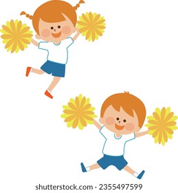 Sports day cheering illustration material of children jumping with pompoms