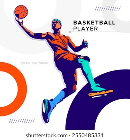 sports day, illustration design of a basketball player with a shooting pose on a sporty and dynamic background. Concept design celebrating national basketball sports day. tournament