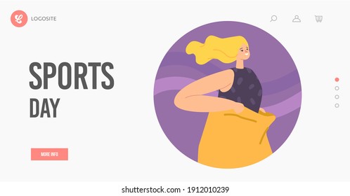 Sports Day Landing Page Template. Happy Young Woman Jumping in Sack. Hopping Sack Race Outdoor Competition, Healthy Lifestyle, Sport Activity, Leisure Sparetime Concept. Cartoon Vector Illustration