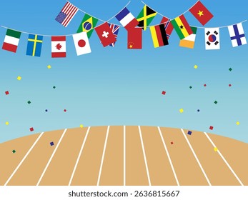 It is sports day with national flags and blue sky.