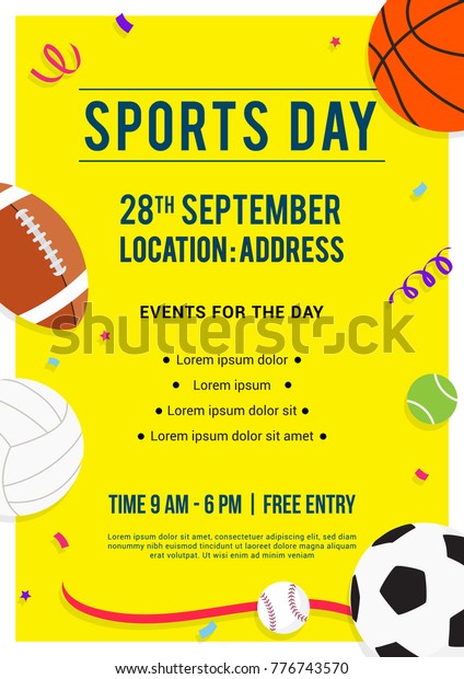 Sports Day poster invitation Vector\
illustration. Sport equipment on yellow\
background.