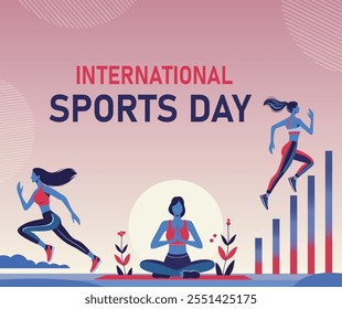 Sports day. Vector flat illustration of active women in sports. Woman jumping, running and yoga. Design trendy fashionable colors with abstract minimalistic background. Suitable for the project fitnes