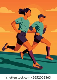 Dia do Esporte. Mulher e homem correndo juntos contra o cenário de um pôr do sol brilhante. Ilustração vetorial de corrida em conjunto, motivação, apoio. Adequado para temas saúde, maratona, esporte