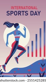 Sports day. Woman running. Vector flat illustration of woman in sports. Design trendy fashionable colors with abstract minimalistic background. Suitable for fitness and healthy lifestyle project