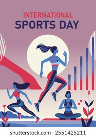 Sports day. Women jumping, running and yoga. Vector flat illustration of a woman in sports. Design trendy fashionable colors with abstract minimalistic background. Suitable for the project fitness