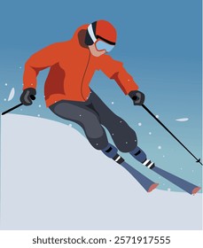 Sports descent on skis in mountains hills. 