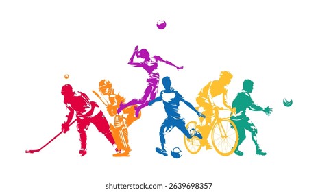 Sports design with group of active people, isolated vector silhouettes, hockey, cricket, volleyball, soccer, cycling, rugby. Men and women