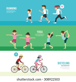 sports design health concept people exercise set , cycling, running, yoga. with flat icons. vector illustration