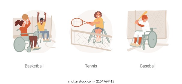 Sports For Disabled Kids Isolated Cartoon Vector Illustration Set. Child In Wheelchair Playing Basketball, Tennis For Disabled People, Baseball Special Equipment, Physical Activity Vector Cartoon.