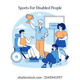 Concepto de deportes para Personas discapacitadas. Actividades deportivas inclusivas con atletas que comparten la victoria y el trabajo en equipo. Accesibilidad, espíritu ganador y ejercicio alegre. Ilustración vectorial.