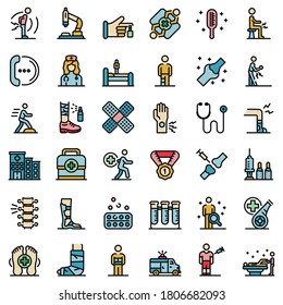 Sports doctor icons set. Outline set of sports doctor vector icons thin line color flat on white