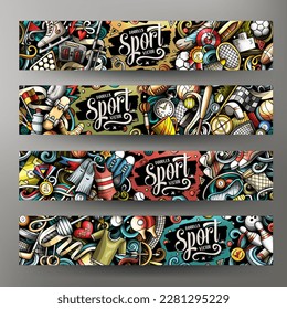 Sports doodle banners set. Cartoon detailed flyers. Activities identity with objects and symbols. Athletic background illustrations. Color vector design elements