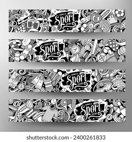 Sports doodle banners set. Cartoon detailed flyers. Activities identity with objects and symbols. Athletic background illustrations. Sketchy vector design elements