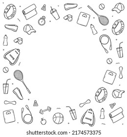 Sports doodle icon set concept. Design elements of a sports invert, a healthy lifestyle Vector illustration