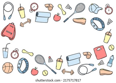 Sports doodle icon set concept. Design elements of a sports invert, a healthy lifestyle. Vector illustration