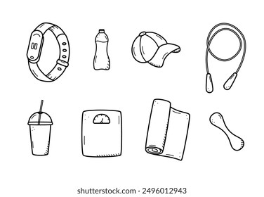 Sports doodle icon set concept. Design elements of a sports invert, a healthy lifestyle. Vector illustration