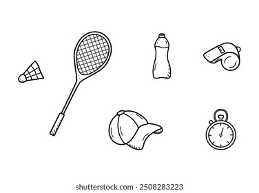 Sports doodle icon set concept. Design elements of a sports invert, a healthy lifestyle. Vector illustration