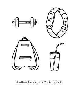 Sports doodle icon set concept. Design elements of a sports invert, a healthy lifestyle. Vector illustration