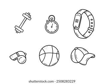 Sports doodle icon set concept. Design elements of a sports invert, a healthy lifestyle. Vector illustration