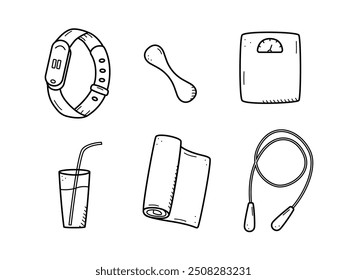 Sports doodle icon set concept. Design elements of a sports invert, a healthy lifestyle. Vector illustration