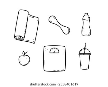 Sports doodle icon set concept. Design elements of a sports invert, a healthy lifestyle. Vector illustration