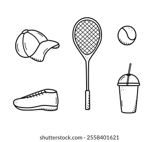 Sports doodle icon set concept. Design elements of a sports invert, a healthy lifestyle. Vector illustration