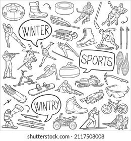 Sports Doodle Icons. Hand Made Line Art. Snow Activity Clipart Logotype Symbol Design.