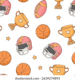 sports doodles seamless pattern with cups, balls and helmets for wallpaper, backgrounds, wrapping paper, packaging, stationery, school prints, etc. EPS 10