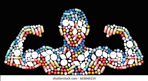 Sports doping, anabolic drugs, pills and capsules - shape of a male muscular upper body - symbol for medical drug abuse. Isolated vector illustration on black background.