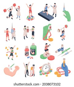 Sports Doping Isometric Icons Set With Anabolic Steroids Awards Champions Sportsmen Isolated On White Background 3d Vector Illustration