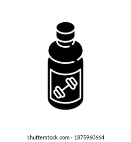 Sports drink black glyph icon. Bottled protein. Beverage for workout energy. Product for athlete. Energetic nourishment for bodybuilding. Silhouette symbol on white space. Vector isolated illustration