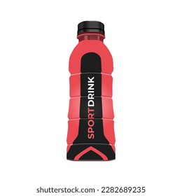 Sports drink, strawberry banana flavor, in red color bottle packaging, realistic vector illustration in trendy flat 3d design style. Popular world sport drink. Editable graphic resources.