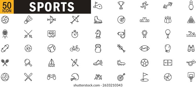 Sports editable outline icon set. Ball, trophy, running, fitness, bicycle, swimming and more