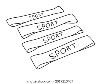 Sports elastic bands for resistance training. Home gym equipment for fitness exercise. Vector outline hand drawn illustration in doodle style