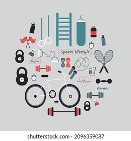 Sports elements in a circle. Vector illustration. Red, blue, white, gray. Sports lifestyle. Poster.