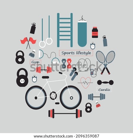 Sports elements in a circle. Vector illustration. Red, blue, white, gray. Sports lifestyle. Poster.