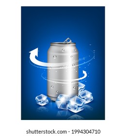 Sports Energy Drink Promotional Poster Vector. Energy Drink Blank Metallic Packaging And Ice Cubes On Creative Advertising Banner. Refresh Beverage For Athlete Stylish Concept Template Illustration