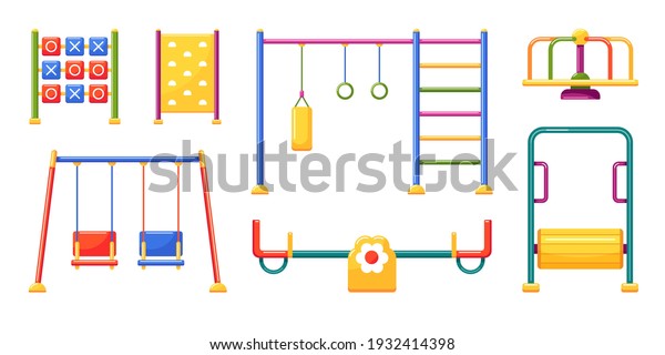 Sports and entertainment equipment for\
playground. Carousel, swing, seesaw, horizontal bar, game module\
noughts and crosses, climbing wall and treadmill drum. Set of\
vector colorful\
illustrations