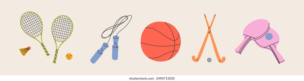 Sports equipment, accessories for the gym, a set of athletes for playing basketball, badbinton, tennis. A set of things for active training. Flat vector illustration