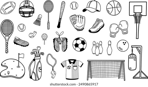 Sports equipment and accessories outline lineart illustration set. For badminton, baseball, basketball, bowling, boxing, football, golf, soccer, and tennis. Hand drawn vector illustrations.