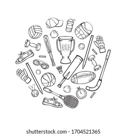 Sports equipment and accessories. Vector hand-drawing in cartoon style. Black and whit.e illustration in a circle isolated on a white background.